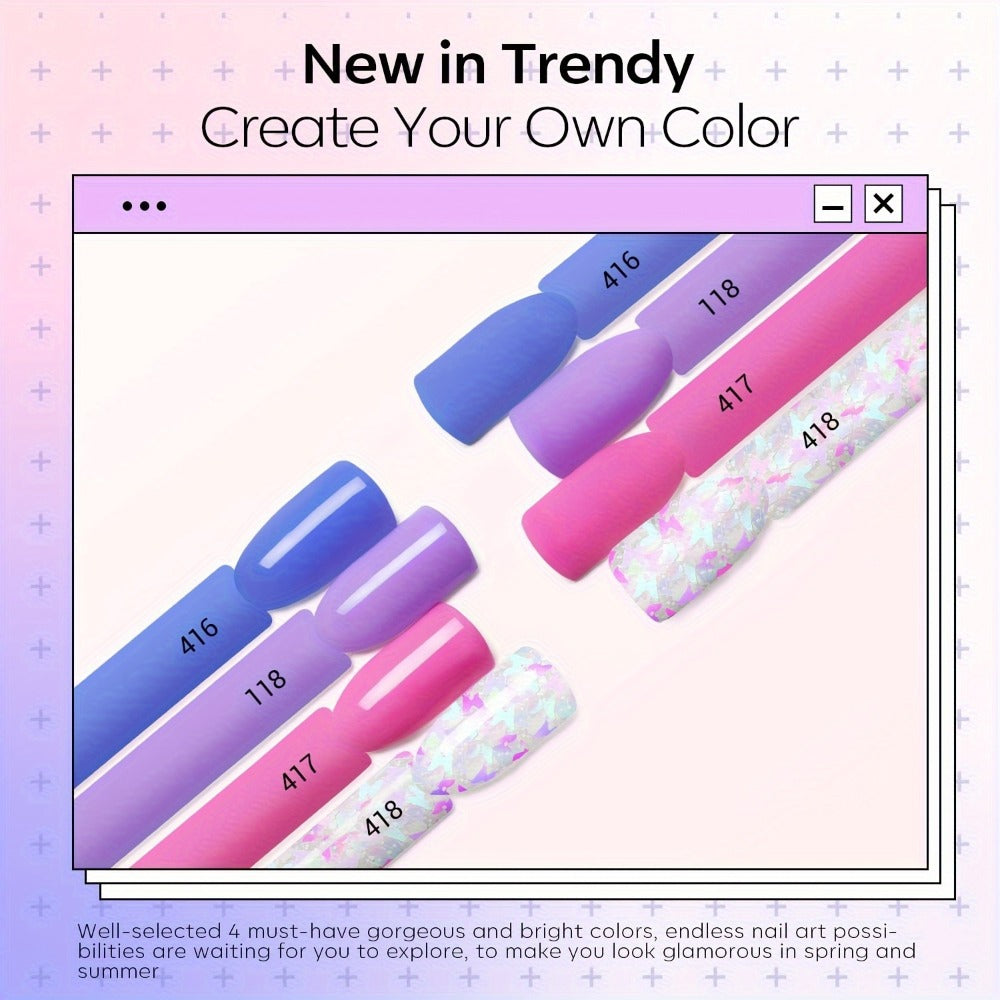 4-Color Dipping Powder Nail Kit, Featuring a Trendy Spring Palette of Light Purple, Blue, And Pink Butterfly Glitter Dipping Powders, Along with a French Nail Art Base Coat Activator for Salon Use