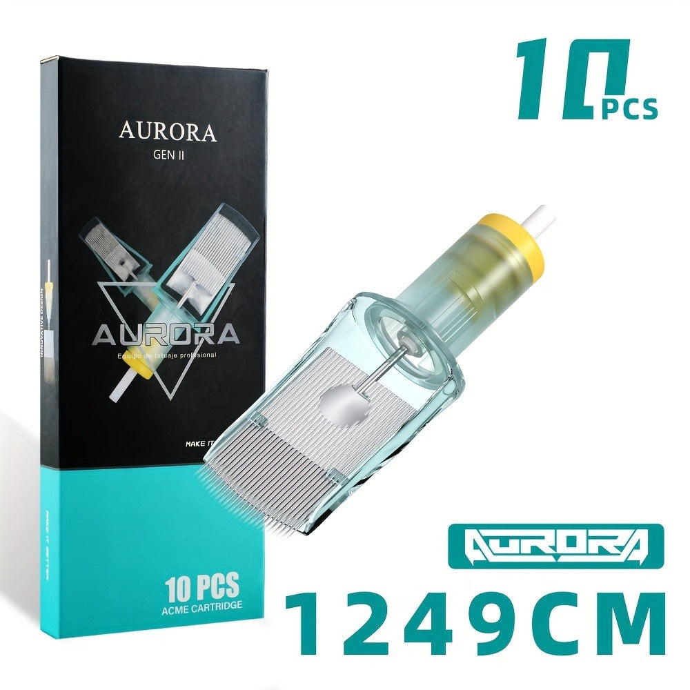 Aurora II 10-Pack Tattoo Cartridge Needles, Strong Stainless Steel, Large Ink Capacity, Low Ink Splatter, Transparent Design for Artists And Beginners, Unscented