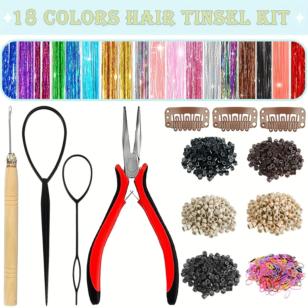 18 Colors Glitter Hair Tinsel Extensions Kit - 7700 Strands with Tools & Beads, 53 Inch Heat Resistant Sparkly Fairy Hair Additions for Women And Adults Over 18, Christmas Party Festival