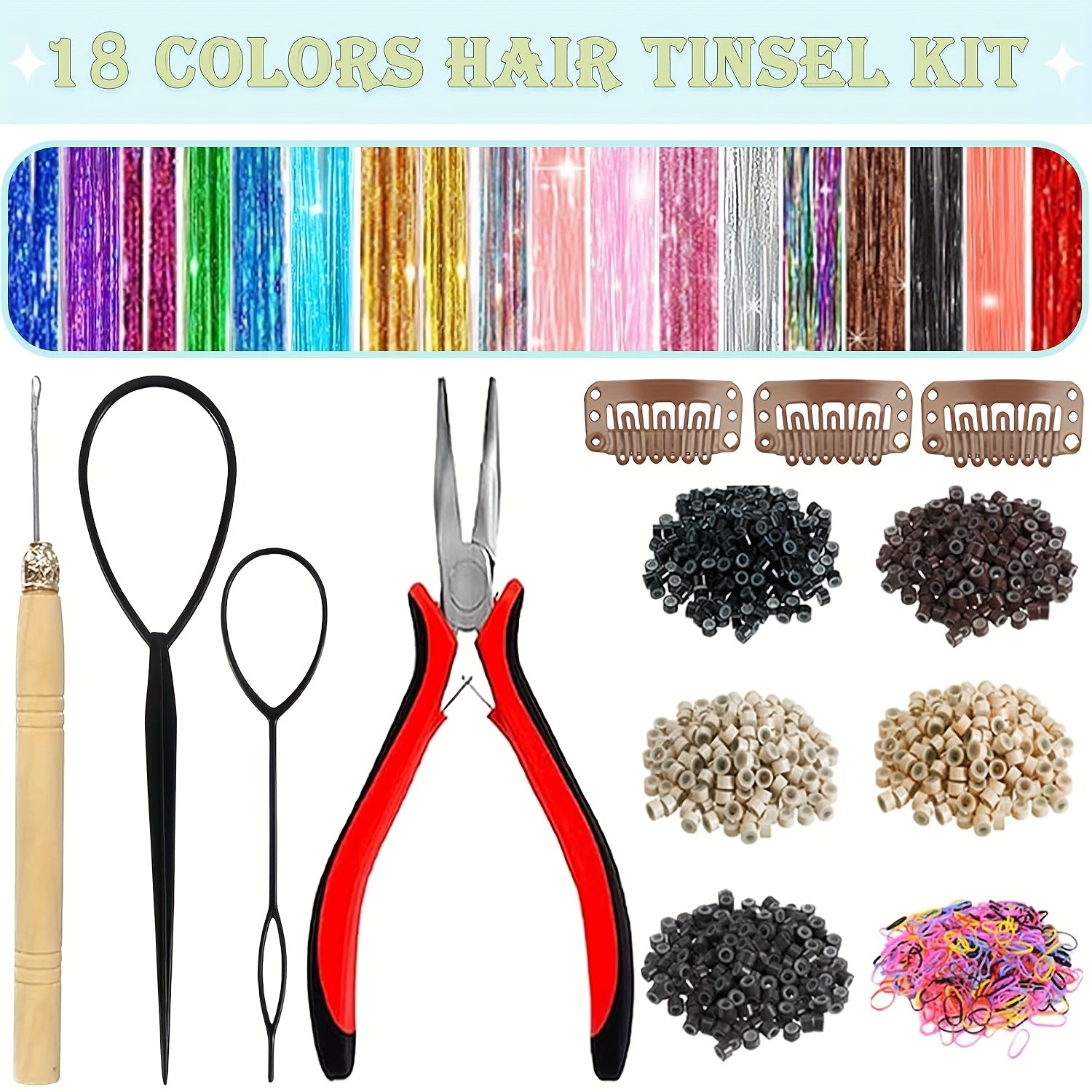 18 Colors Glitter Hair Tinsel Extensions Kit - 7700 Strands with Tools & Beads, 53 Inch Heat Resistant Sparkly Fairy Hair Additions for Women And Adults Over 18, Christmas Party Festival