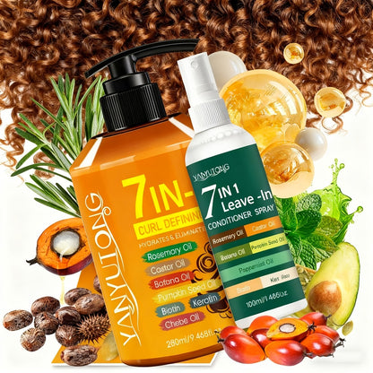Hair Styling Cream & Leave-In Spray 2-Pack 7-in-1 Formula with Rosemary Castor Batana Pumpkin Seed Oils - Anti-Frizz Moisture Curl Enhancer for All Hair Types 9.47oz + 3.38oz