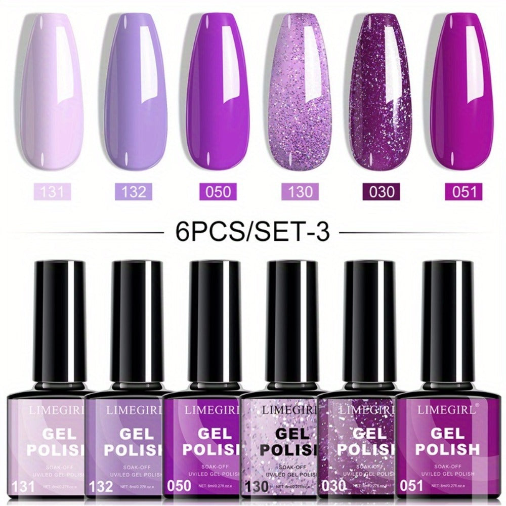 6pcs Long-Lasting Hypoallergenic Gel Nail Polish Set, Fall/Winter Glitter & Solid Colors Soak-Off Gel, for Christmas Gifting & Nail Lovers Self-Use, Toxin-Free Home DIY Nail Art Kit