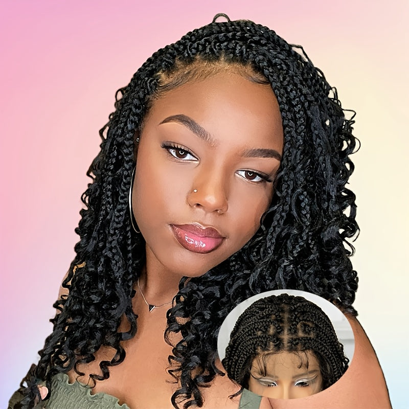 Elegant Full Lace Knotless Braided Wig with Curly Ends - 180% Density Synthetic Hair for Women, Handmade Braiding Wig for Christmas Halloween Valentine's Day Parties, Holiday Gift for All Ethnicities, Wig Accessories, Party Accessory, Sleek Appearance