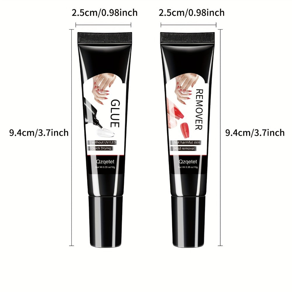 New Upgraded Quick-drying 2 10g Semi-solid Nail Glue with 2 10ml Nail Polish Remover, Suitable for Press-on Nails, No Lamp Required, Long-lasting Fake Acrylic Nail Set Glue Gel