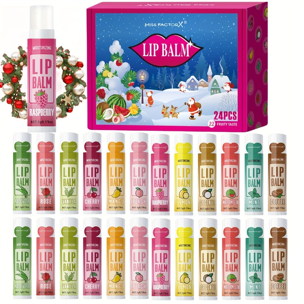 [Christmas Lip Balm Set] 24pcs/Box Christmas Theme Gift Lip Balm Set | Plant Fragrance, Long-lasting Moisturizing, Brightening Lip Color, Suitable for Men and Women, New Year Party Gift for Women