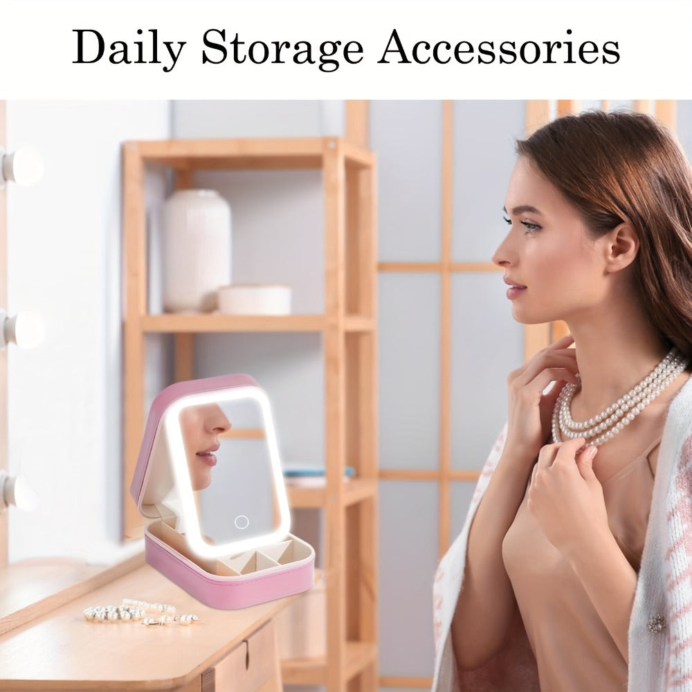 Lighted Makeup Mirror with Travel Case Cosmetic Bag Organizer - Adjustable 3-Color LED Light 1200mAh Rechargeable Portable Vanity Mirror for Women Gift