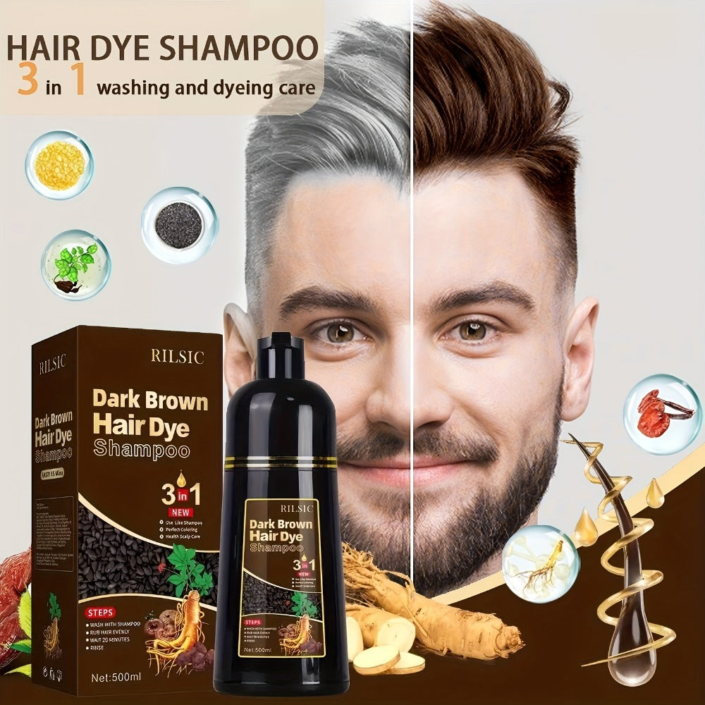 Herbal Hair Dye Shampoo 3-in-1 with Plant Squalene — 2pcs 16.91oz Instant Gray Hair Coverage, Natural Color in Minutes, Unisex, Brown, Dark Brown & Black