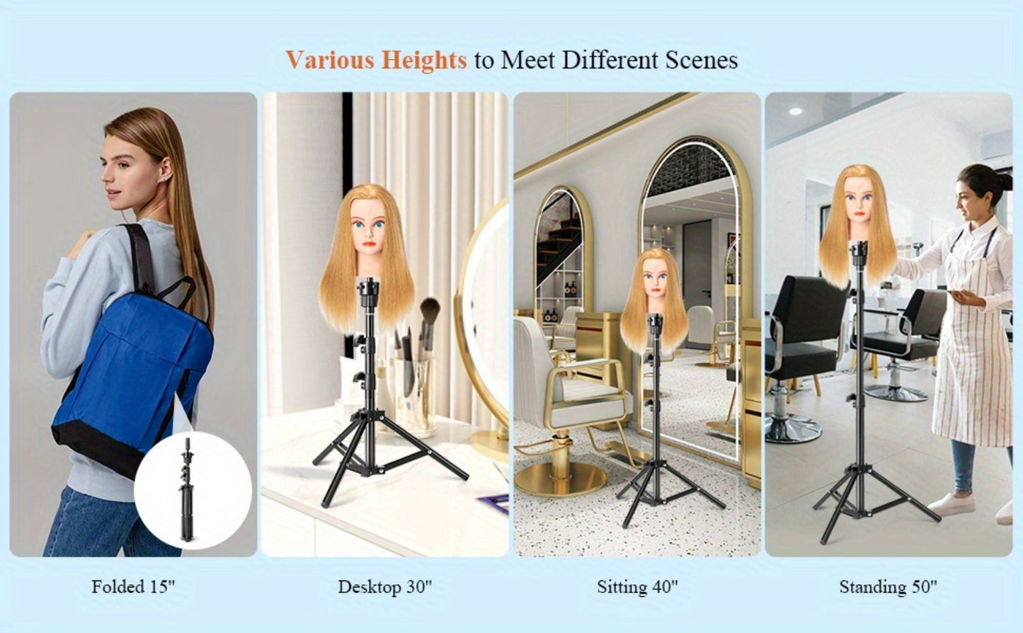 Adjustable Wig Stand Tripod Mannequin Head Stand 360 Rotation Height Adjustable to 50 Inch Aluminum Alloy for Styling Cosmetology Hairdressing Training