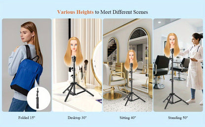 Adjustable Wig Stand Tripod Mannequin Head Stand 360 Rotation Height Adjustable to 50 Inch Aluminum Alloy for Styling Cosmetology Hairdressing Training
