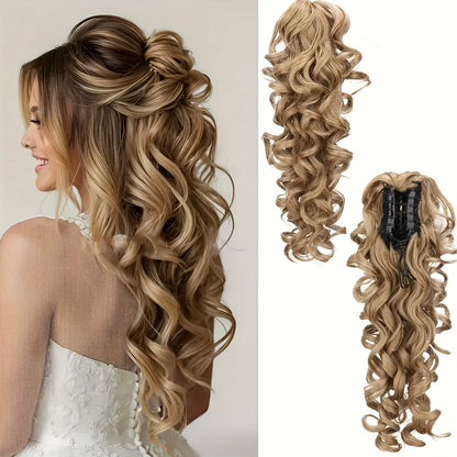 Ponytail Extension Curly Wave Claw Clip Synthetic Heat Resistant Hairpiece - Gradient Color Scroll Curls for Women Daily Wear Special Occasions 16 Inch