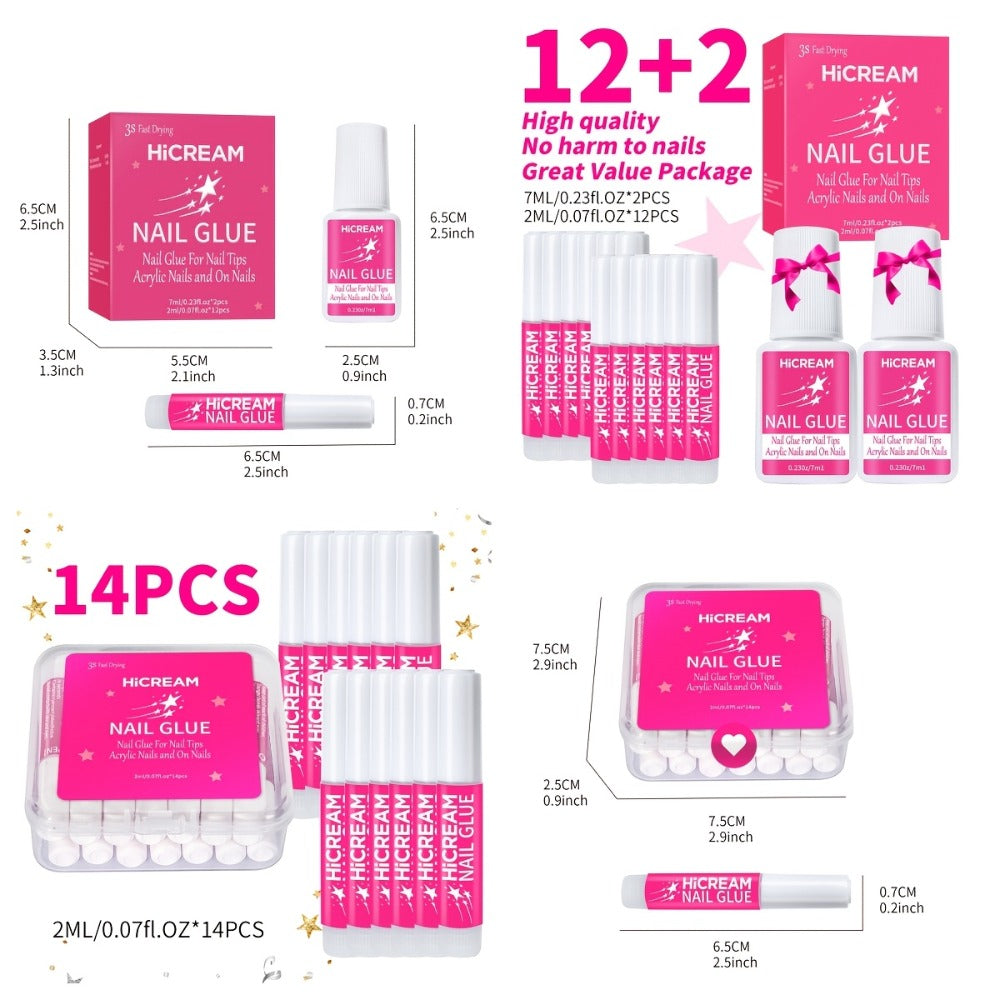 Complete Nail Glue Set - Water-Resistant, Unscented Liquid Adhesive for Press On Nails with 2pcs 0.24oz Brush On Nail Glue & 12pcs 0.07oz Bottles - Perfect for Nail Art And DIY Nail Enhancement (14pcs/28pcs)