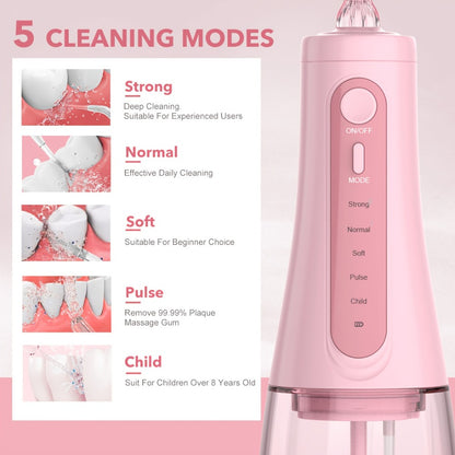 Water Dental Flosser Oral Irrigator — 5 Modes, 6 Tips, IPX7 Waterproof, 350ml Cordless Rechargeable Water Flosser for Braces, Bridges, Travel & Home Teeth Cleaning