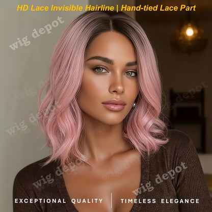 Bob Wig 4x1 U Part Lace Front Rose Net Cap - Middle Part Glueless Wig for Women Brown Highlights Milky White Black Pink 14 Inch