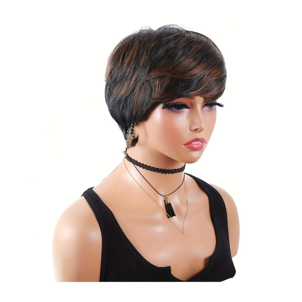 Highlight Synthetic Ombre Black Brown 1B/30# Short Straight Pixie Cut HairStyle Wigs With Bangs
