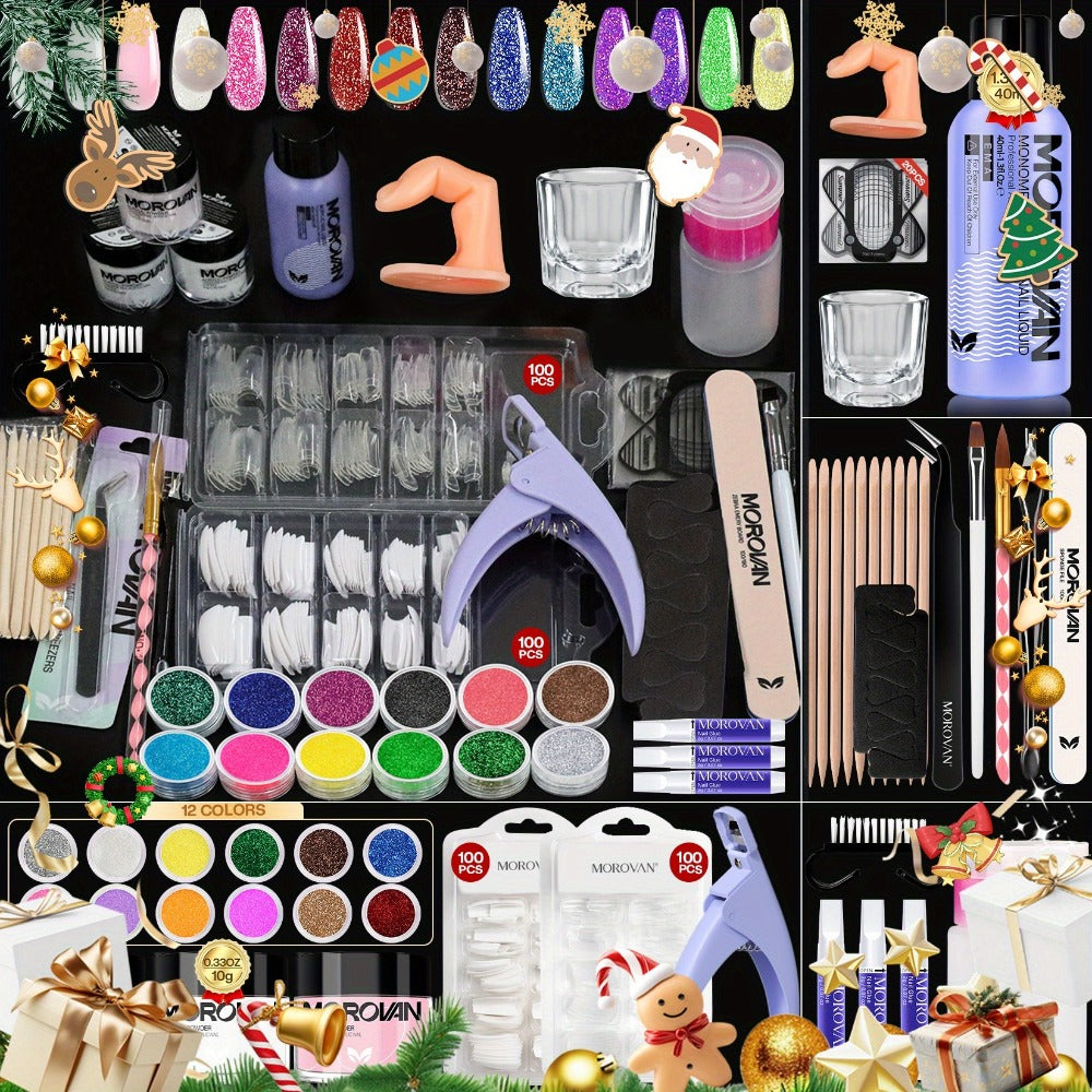 MOROVAN Super Value Nail Art Set: PINK CLEAR WHITE Acrylic Powder Combination, One Bottle Of 1.35oz Nail Liquid, A Tool Kit with Nail Clippers, And12color Glitter Powder. All-in-one Solution to Effortlessly Create Stunning Nails.Gift Advanced Nail Art
