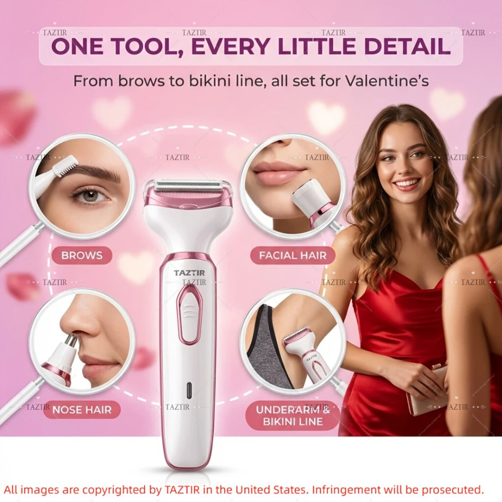 [4-in-1 Painless Razor for Women] 4-in-1 Rechargeable Electric Razor for Women - Face, Nose, Legs, Underarm, Bikini Trimmer - Wet & Dry, Painless Grooming Kit - Portable & Rechargeable