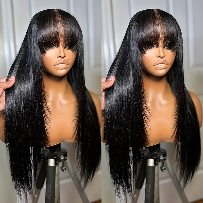 CIVRIE 26" Glueless Black Wig with Curtain Bangs - Long Straight Synthetic Hair, Pre-Bleached Lace Bangs & Realistic Scalp, Upgraded Premium Fibers for Natural Look & Fullness, Easy No-Glue Application, Everyday & Special Events - Women's Hair Wig, Wig Ac