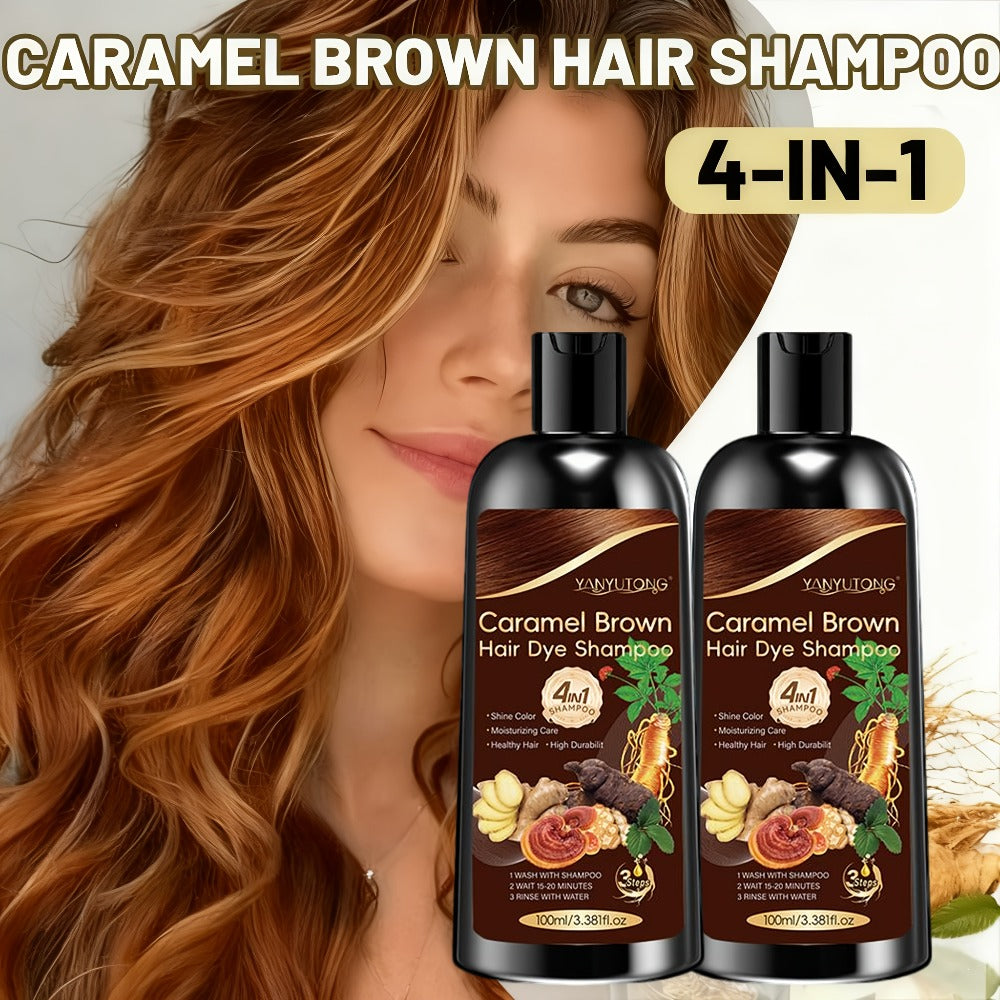 2-Bottle Pack, 3.38oz 4-In-1 Caramel Brown Dye Shampoo with Ginseng, Reishi Mushroom, And Ginger Extract - Instant Color, Shine, Volume & Smoothness in Minutes