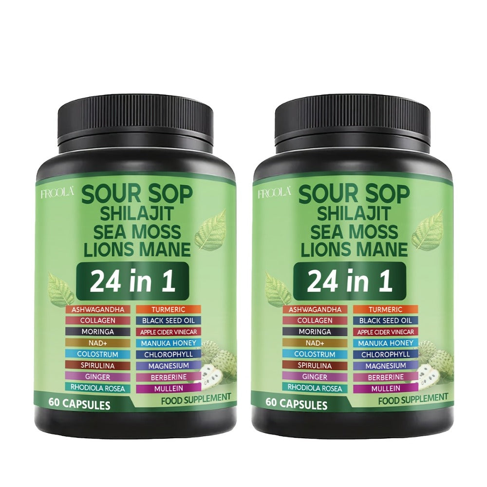 Soursop Capsules 24-in-1 Natural Supplement with Sea Moss Shilajit Lion's Mane Vitamin D3 Black Seed Oil Turmeric & Chlorophyll – Immune & Liver Health | Gluten-Free Daily Wellness Formula