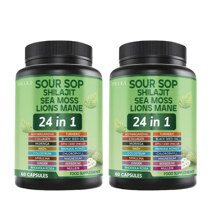 Soursop Capsules 24-in-1 Natural Supplement with Sea Moss Shilajit Lion's Mane Vitamin D3 Black Seed Oil Turmeric & Chlorophyll – Immune & Liver Health | Gluten-Free Daily Wellness Formula