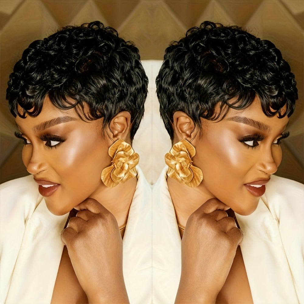 Glueless Human Hair Wig Short Curly Pixie Cut with Bangs – 180% Density Brazilian Remy Natural Black Bob, Layered Loose Curly Machine Made Wig for Women, Comfortable Daily Wear, 6 Inch