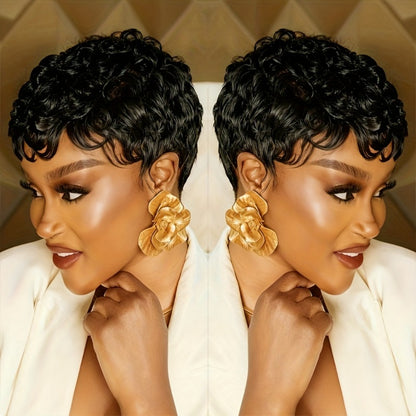 Glueless Human Hair Wig Short Curly Pixie Cut with Bangs – 180% Density Brazilian Remy Natural Black Bob, Layered Loose Curly Machine Made Wig for Women, Comfortable Daily Wear, 6 Inch
