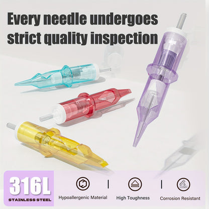 Tattoo Cartridge Needles 50pcs Mixed #12 — Lumentip RL RS RM M1 Stainless Steel, Safety Membrane, Fits All Tattoo Machines & Pens, for Artists & Beginners