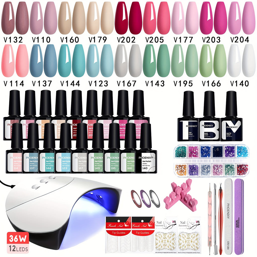 PHOENIXY 36pcs Gel Nail Polish Kit with 36W U V LED Nail Light, Pink Red Purple Black Brown Blue Gel Nail Kit Manicure Tools