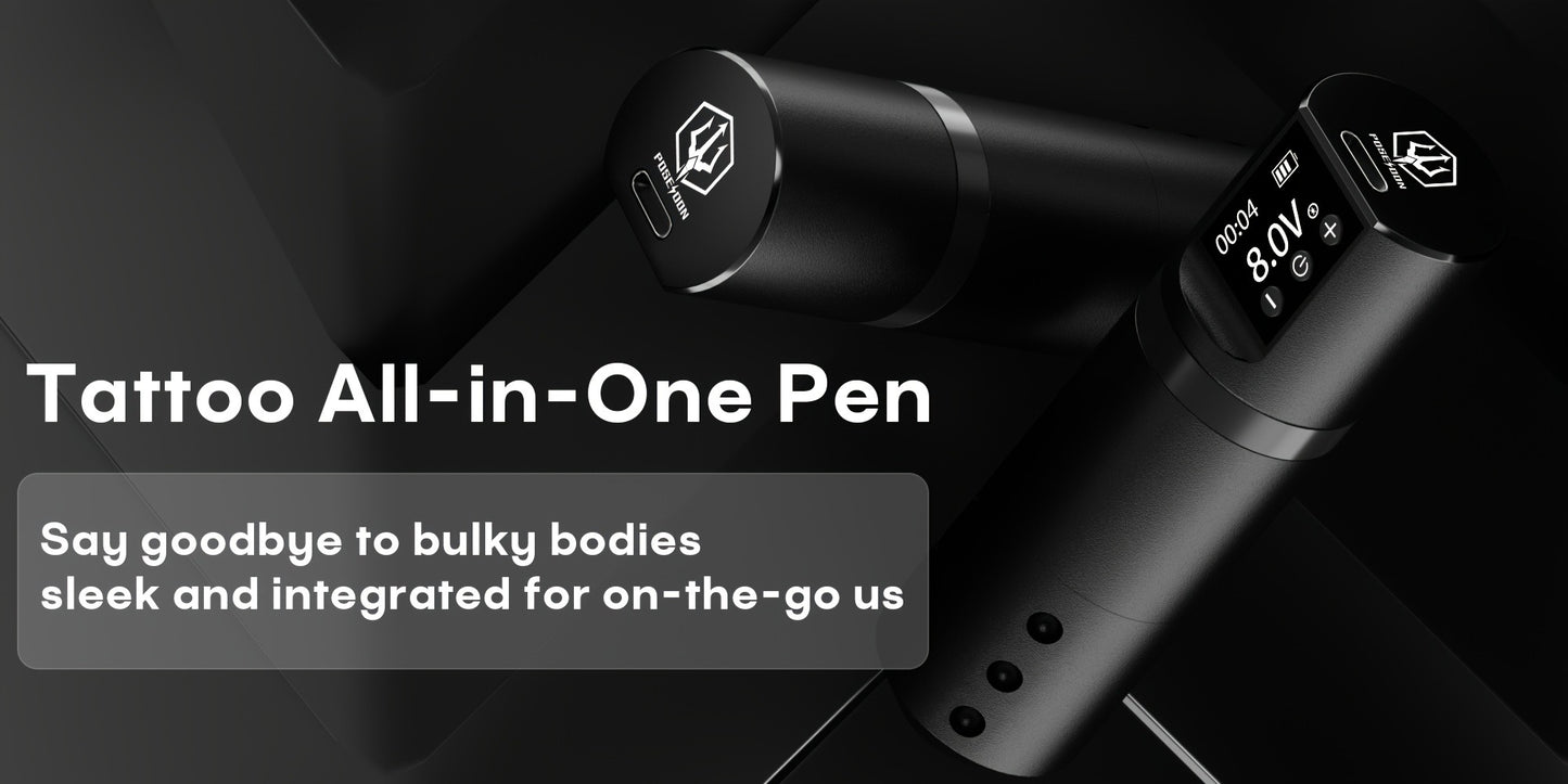 Cordless Tattoo Machine Kit Complete - POSEIDON V5 Wireless Rotary Pen with LCD Screen 1500mAh Battery 10 Needles 11 Ink Bottles Full Tattoo Supplies for Beginners & Professional Artists