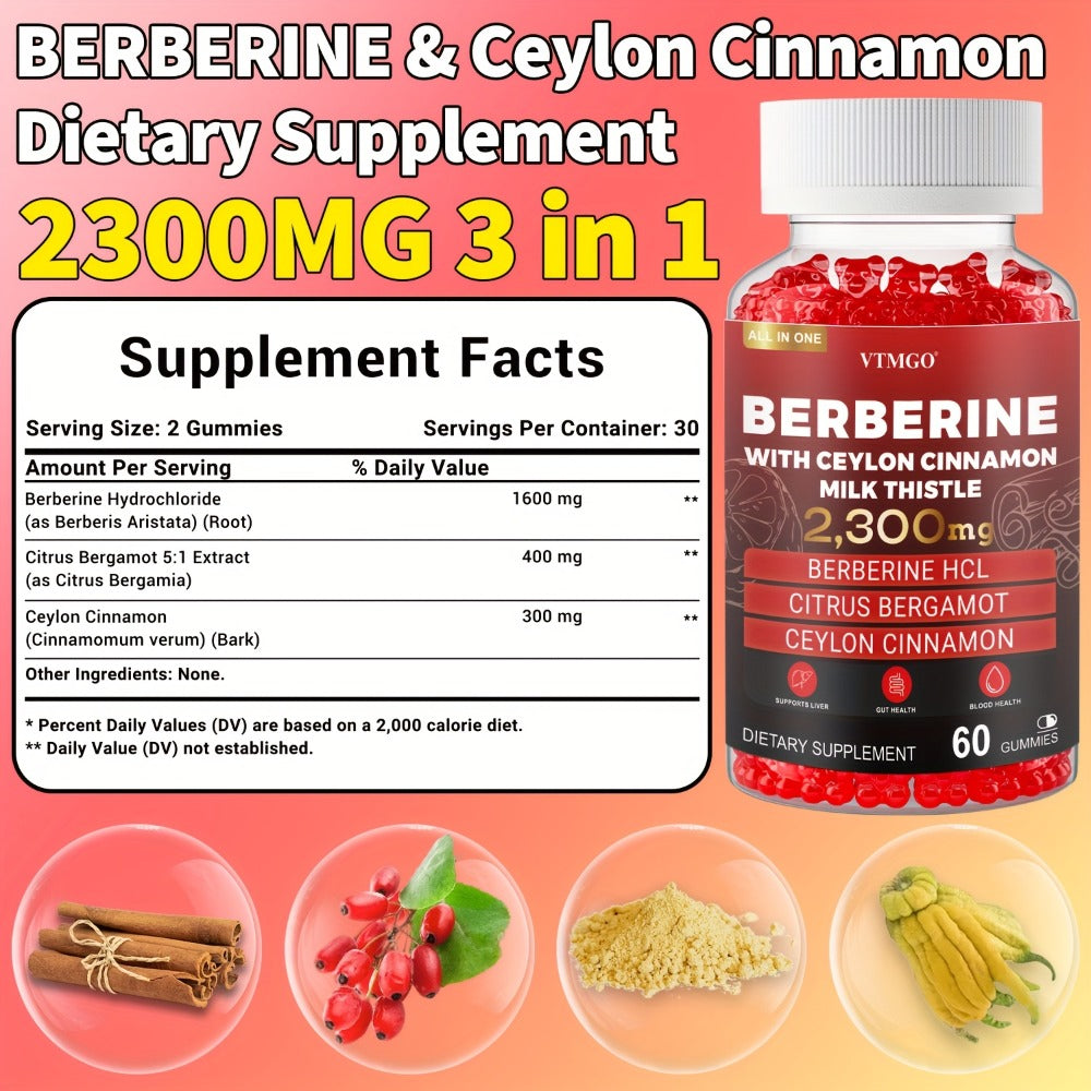 2300Mg Premium Berberine HCL Supplement - with Pure True Ceylon Cinnamon, Milk Thistle, Turmeric for Natural Health And Wellness. Nature'S Gift of Health And Happiness, Berry Flavor, Suitable for Both Men And Women. 60 GUMMIES