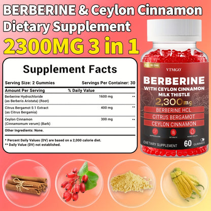 Berberine HCL Gummies 2300mg 60ct with Ceylon Cinnamon, Milk Thistle & Turmeric for Blood Sugar Balance, Metabolism, Liver & Gut Health, Berry Flavour for Men & Women