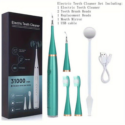 Electric Teeth Cleaner Kit USB Rechargeable 5 Cleaning Modes Dental Scaler Plaque Tartar Remover Gum Health Tool Holiday Gift Set for Family Friends Adults Black White Green