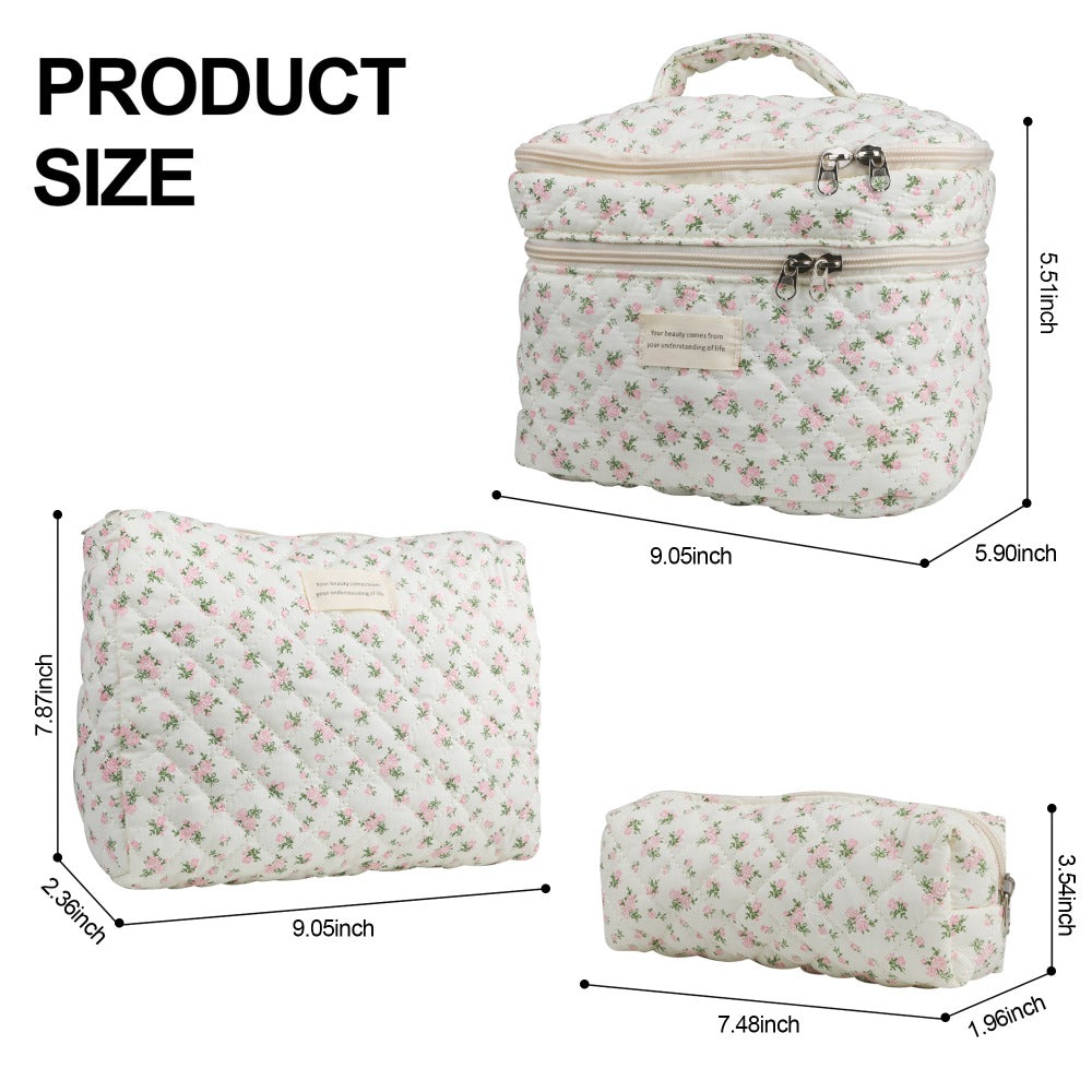 Large Capacity Dual Layer Cotton Makeup Cosmetic Bag (3PCS), Cute Quilted Travel Coquette Aesthetic Floral Make up Bag for Women Toiletry Bag (Blue Rose)