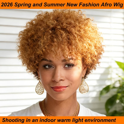 Human Hair Afro Wig Short Kinky Curly Glueless Wig for Black Women Natural Afro Puff Wig 6 Inch Kinky Coily Wig Deep Grey Camel Ginger 70s 80s Cosplay Party Daily Wear