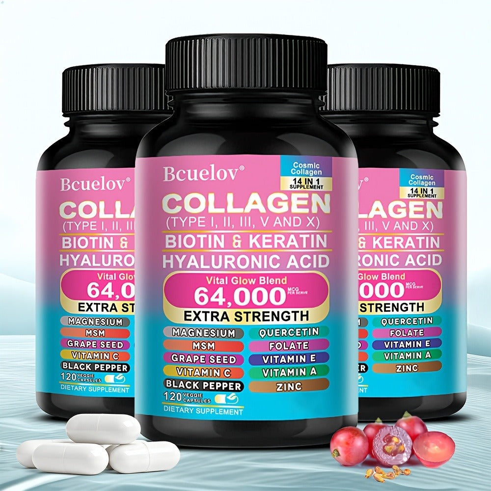 Types I, II, III, V, And X Collagen Supplements - Enriched with Biotin And Keratin, Along with Hyaluronic Acid - Healthy Skin, Nails, And Hair - 120 Capsules