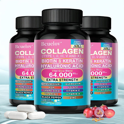 Multi-Type Collagen Capsules Types I II III V X — with Biotin, Keratin & Hyaluronic Acid | Supports Skin, Hair & Nails | Anti-Aging Beauty Supplement | 120 Capsules