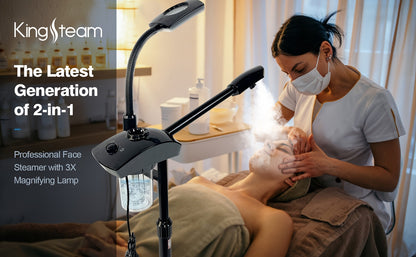 Professional Facial Steamer 2-in-1 Ozone — Wheeled Spa Steamer with 3X Magnifying Lamp, Timer Preset, Home Face Sauna & Skin Care Beauty Device