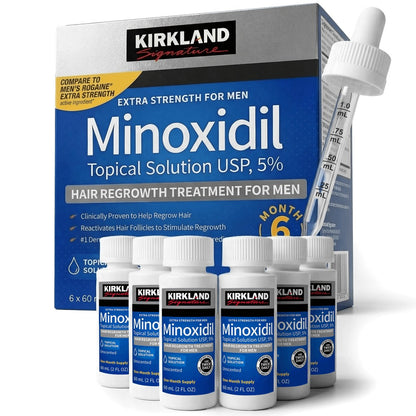 Minoxidil 5% Topical Solution for Men Hair Regrowth - Kirkland Signature Extra Strength, 6-Month Supply, 6 x 60ml Bottles with Dropper Applicator