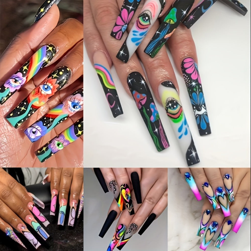 5 Boxes (120pcs Extra Long Press on Nails Fake Nails Set - Cosmic Eyes And Crystal Rhinestones Matte with Glue on Nails Colorful Stripes Floral Patterns Wearable Nail Art Festive Gift Set