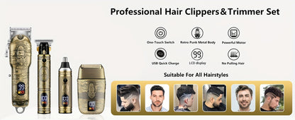 Professional Hair Clippers & Trimmer Set for Men — T-Blade Trimmer, Nose Hair Trimmer, Electric Razor, LCD Display, USB Rechargeable, Zinc Alloy Body, Ergonomic Grooming Kit