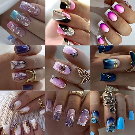 216pcs (9 Boxes) of Medium-Sized Colorful Ombre Press-On Nails, Featuring Square Shapes in Trendy Styles, Perfect for Women And ' Parties, Including White French Tips And Marble Patterns for Nail Art