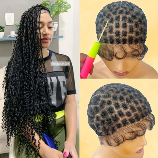DIY Weaving Three Piece Set Includes Crochet Hat+Nylon Hair Net+tool Double Full Lace Crochet Wig Cap with Baby Hair for Making Crochet Wigs, Braided Wig Cap for Braiding Full Lace Braided Wig Premade Square Patten Lace Front Crochet Cap