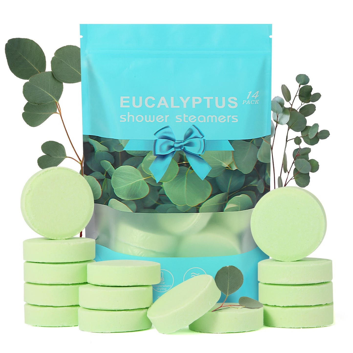 Eucalyptus Shower Steamers 14 Pcs with Essential Oil - Bath Salt Balls for Aromatherapy, Fresh Scent, Normal Skin, Travel & Daily Use, Birthday Christmas Halloween Gift for Men and Women