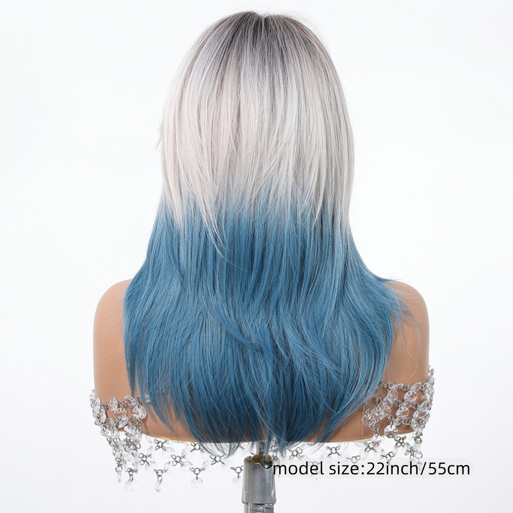 A 22-Inch Stylish Wig for Women Featuring a Beautiful Gradient Blue Color with Bangs And Layers, Made from Synthetic Fibers. It Comes with a Rose Hair Net And Can Withstand High Temperatures, Making It Perfect for Cosplay, Parties, Travel, Weddings