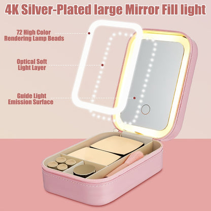 Lighted Makeup Mirror with Travel Case Cosmetic Bag Organizer - Adjustable 3-Color LED Light 1200mAh Rechargeable Portable Vanity Mirror for Women Gift