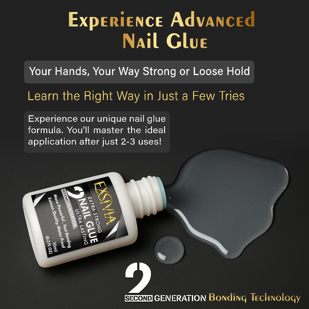 Super Strong Nail Glue for Press On Nails, Acrylic Nails & Nail Tips Exsivia 2nd Gen NailBond for Fake Nails, Extra Strength,Long Lasting, Brush on Adhesive, No Dehydrator or Primer Needed