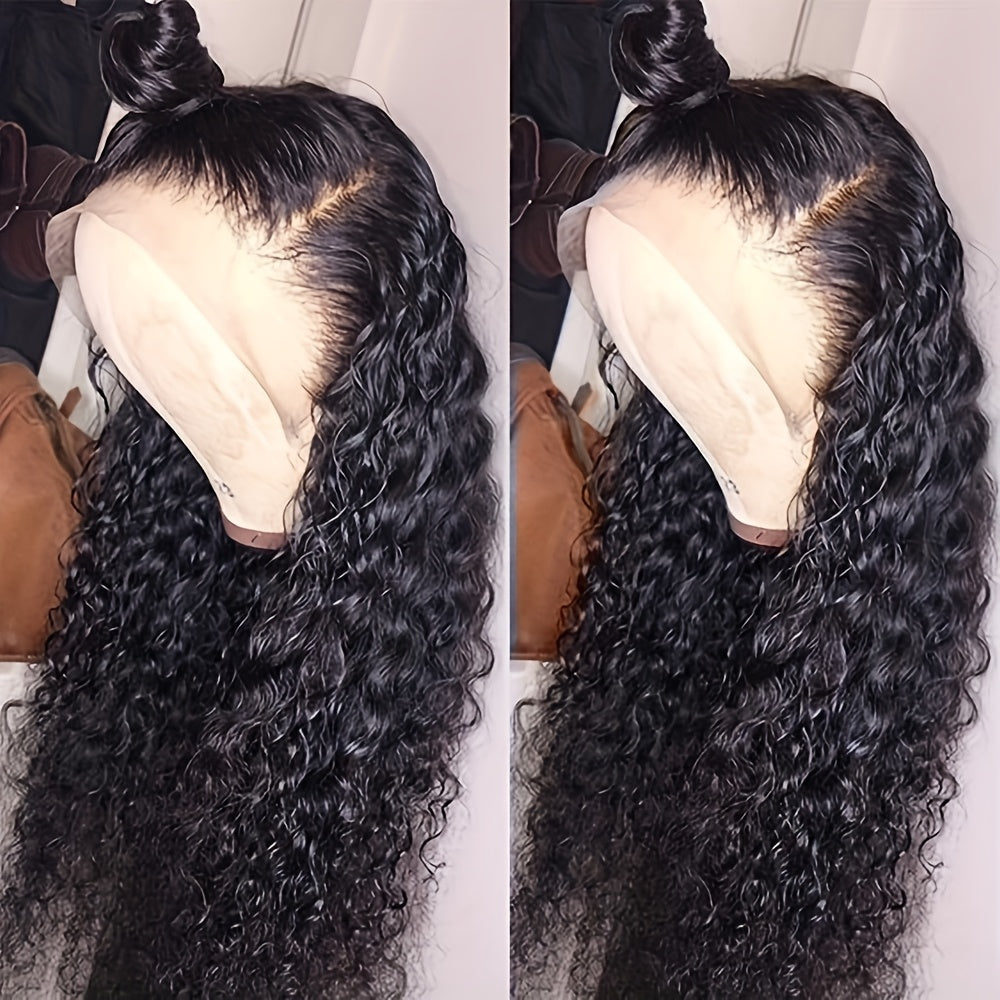 Long Loose Curly Wave Lace Front Wigs Pre Plucked Natural Black Color Glueless 13x4 Free Part Frontal Lace Replacement Wig for Fashion Women Ladies Daily Party Wear Heat Resistant Fiber 24 Inches 180% Density