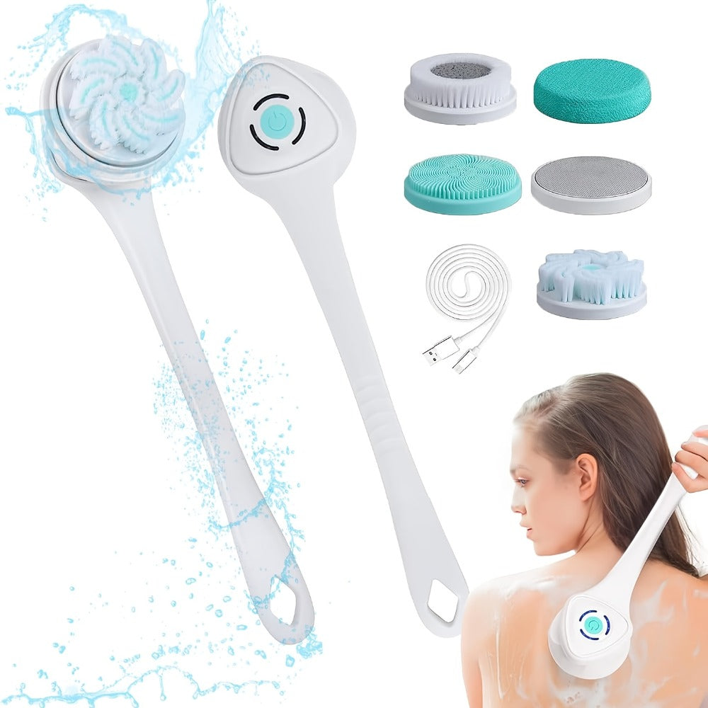 6-in-1 Rechargeable Electric Shower Brush Set for Full Body Cleansing And Vibrating Back Scrubber- Removable Long Handle And Exfoliating Brush- Rotating Shower Facial Brush Head- for Deep Cleansing And Exfoliation- Gift for Girlfriends