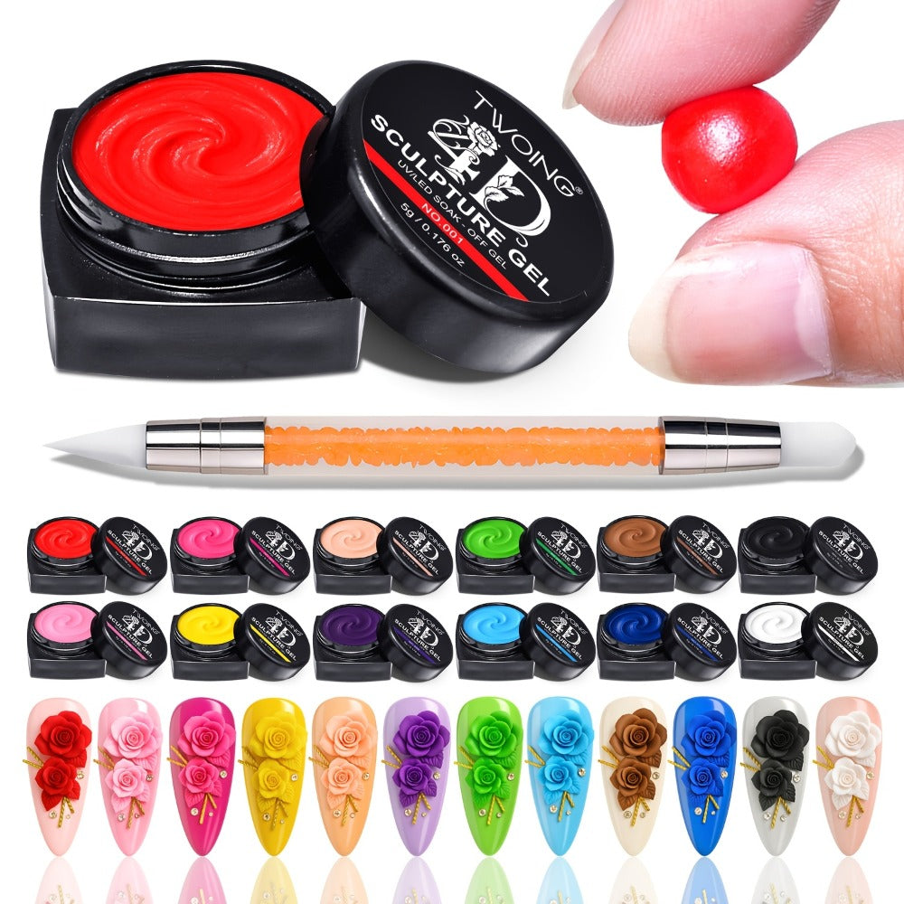 3D 4D Sculpture Gel Nail Art Kit 12 Colors with Carving Pen — Non-Sticky Soak-Off Nail Sculpting Gel Firm Texture for 3D Nail Designs Flowers Leaves Extensions DIY & Salon Manicure