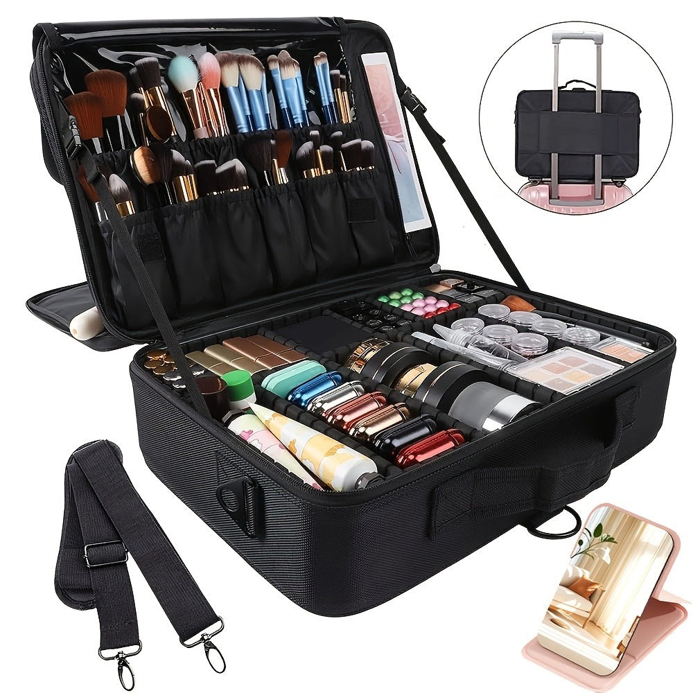 Makeup Case, Professional Train Case Large Makeup Bag, Travel Cosmetic Organizer Brush Holder Makeup Artist Storage Box, for Cosmetics Makeup Brushes Toiletry Jewelry Digital Accessories, 15.8 Inches, with Adjustable Dividers and Shoulder Strap